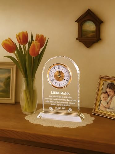 WinTaim Geschenk für Mama zum Geburtstag & Muttertag – Edle Glasuhr mit Spruch von Tochter & Sohn – Besondere Geschenkideen für Frauen – Dekorative Tischuhr in Geschenkbox