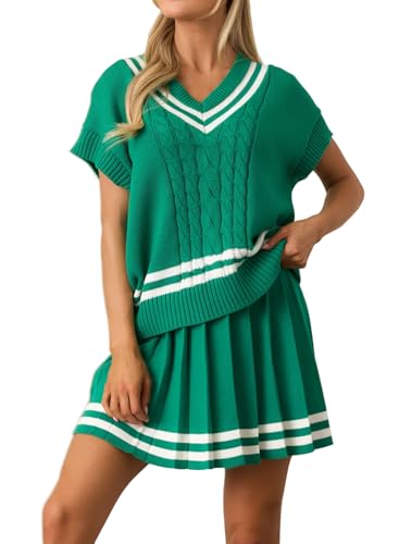 Image of Women 2 Piece Skirt Sets Summer Short Sleeve Cable Striped Knit Tops and Pleated Mini Skirt Two Piece Outfits