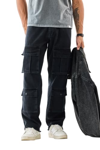Image of SNITCH Men Cargo Pants | Baggy Fit with Multiple Utility Pockets & Turned-Up Cuffs | Cotton Blend Fabric for Streetwear & Casual Outings