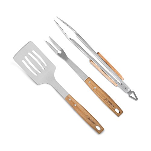Akazienholz Edelstahl Grillbesteck- Set Barney Barbecue 3 tlg. Grillzubehör mit Grillzange, Grillwender und Fleischgabel mit extra- langen Holzgriffen und Aufhänge- Ã- sen