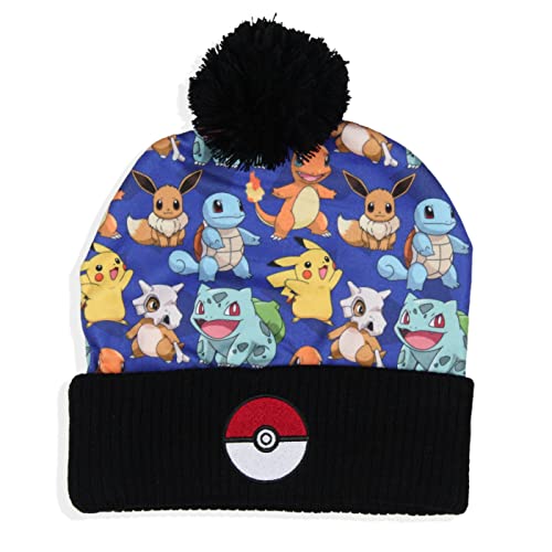 Bioworld Pokemon Sublimated Pikachu Eevee Charmander Squirtle Bulbasaur Cuff Pom Beanie Hat Multicolored
