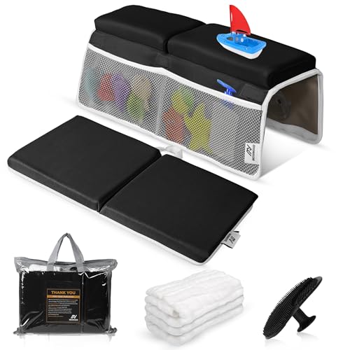 Image of Mohmoud Baby Bath Kneeler & Elbow Rest Pad Set | Extra Thick 1.5” Foam That Relieves Knee & Elbow Pressure | Non-Slip Suction Stability | Machine Washable, Quick-Dry | Brush & Washcloth Gift Included