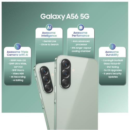 Image of Samsung Galaxy A56 5G (Awesome Olive, 8GB, 128GB) | Segment Most Complete Triple Camera | AI Editing | 4nm Processor | sAMOLED Display| Gorilla Glass Victus+| 5 Gen OS Upgrades