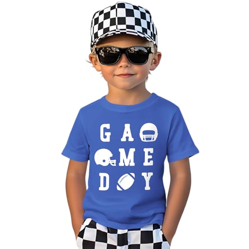 IZYJOY Game Day Football Shirts for Toddler Boy Funny Football Graphic T-Shirt Kids Sports Fans Short Sleeve Tee Tops(Blue,18-24Months(80))
