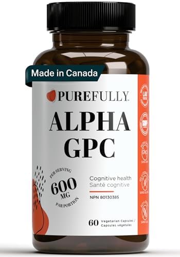 PUREFULLY Alpha GPC 600mg Choline Supplement - 60 Capsules | Premium Cognitive Support for Focus, Memory & Brain Health | Most Bioavailable Form | Made in Canada | Gluten-Free & Non-GMO