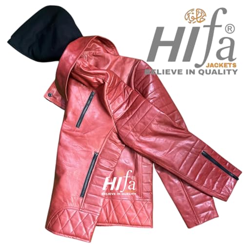 Image of Men's Red Leather Jacket: Genuine Sheepskin Retro Biker with Lapel Collar & Hood - Vintage Distressed Style
