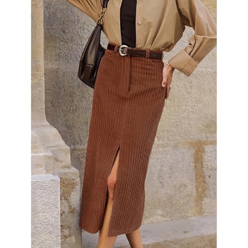 Brown Corduroy Skirt Split Slim Fit High Waist Button Vintage Bodycon Casual Elegant Streetwear Skirt3