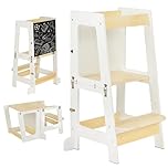 Youyijia 3-in-1 Toddler Learning Tower Kids Step Stool & Mini Desk with Safety Rail, Toddler Steps Stool with Black & Whiteboard for Kitchen Counter, Mothers' Helper (White)