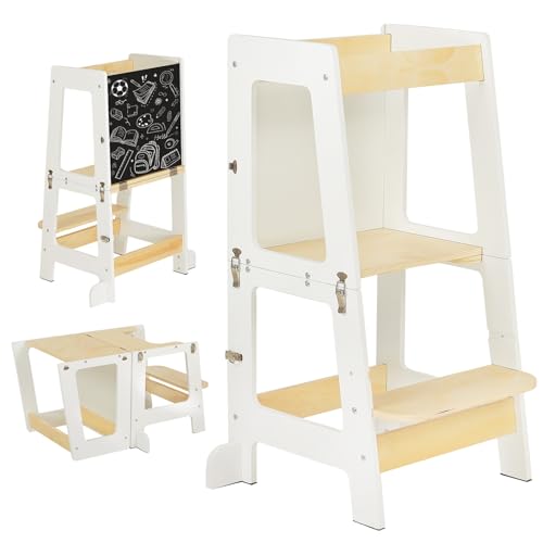 Youyijia 3-in-1 Toddler Learning Tower Kids Step Stool & Mini Desk with Safety Rail Toddler Steps Stool with Black & Whiteboard for Kitchen Counter Mothers Helper (White)