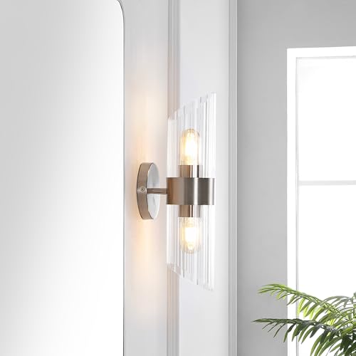 Image of SAFAVIEH Lighting Collection Eytan Clear Glass /Nickle Vertical Wall Sconce Set of 2 Light Fixture, Ideal for Bathroom, Entryway, Vanity, Foyer, Hallway, Living Room (LED Bulbs Included)