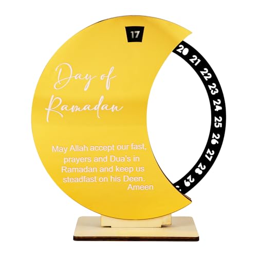 Ramadan Countdown Calendar, Acrylic Wooden Eid Mubarak Advent Countdown Calendar Rotate Moon Shaped Eid Calendar Ramadan Decorations for Home Kids Gifts (Style 2)