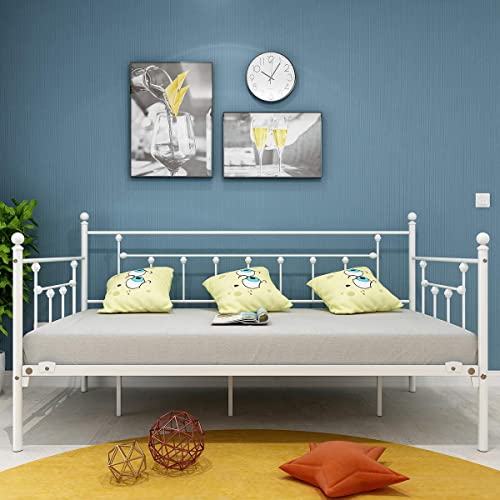 Homerecommend Metal Daybed Frame Twin Metal Slats Platform Base Box Spring Replacement Bed Sofa For Living Room Guest Room (Twin, White Sanded) #TOP3