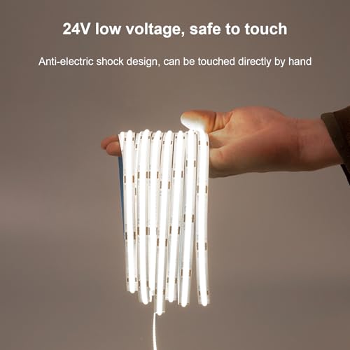 Image of COB Led Strip Lights, 16.5ft /5M Warm 3000K LED Strip Lighting, Cuttable Led Light Strip DC24V 512LEDS /M CRI 90Flexible Uniform Led Lights for Home,decr Lighting (Adapter,Controller Included)