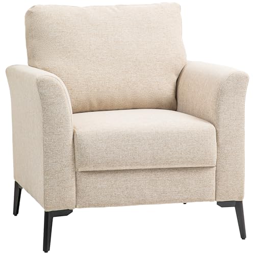 HOMCOM Sillón Moderno, Silla tapizada de Tela de Lino con Patas de Metal, Marco de Madera y cojín Acolchado Grueso para Sala de Estar, Dormitorio, Oficina, Color Beige