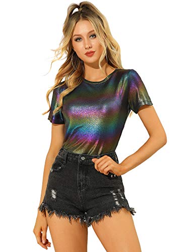 Allegra K Women's Party Metallic Textured Short Sleeve Shiny Multicolor Top X-Large Multicolor