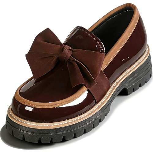 Womens Patent Leather Bowknot Chunky Platform Loafers Elegant Round ToeThick Sole Non-Slip Lug Sole Casual Dress Shoes for Office Business Work Everyday Wear Coffee