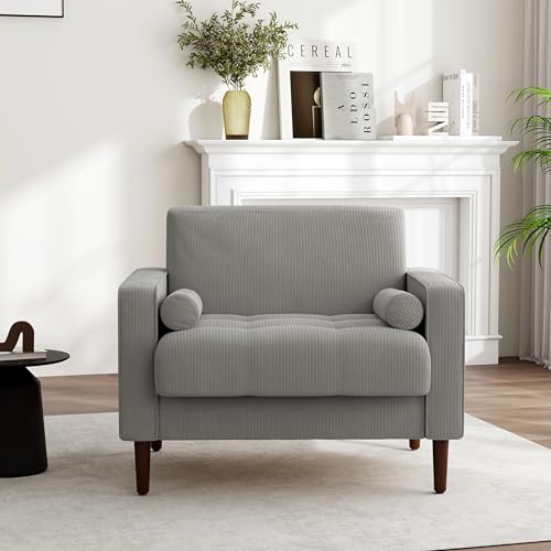 Image of Corduroy Accent Chairs Set of 2, Modern Upholstered Living Room Arm Chair Bedroom Reading Armchair with Bolster Pillows, Mid-Century Track Armrest Tufted Single Sofa Seat (Light Gray)
