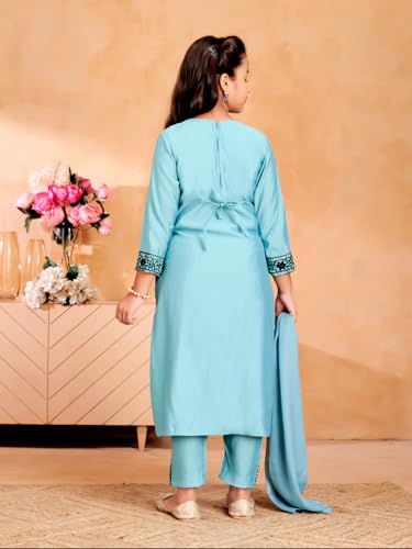 Image of Aarika Girls Ethnic Wear Sea Green Colour Thread Sequin Embroidery Kurti Pant Set With Dupatta