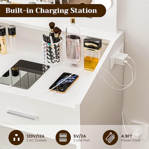 GarveeHome Vanity Desk with Mirror and Lights, Makeup Vanity with Power Outlet & Cushioned Stool, 3 Lighting Modes Adjustable Brightness, Dressing Table with Hairdryer Holder for Bedroom, White