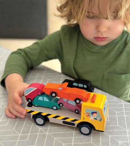 Image of Tender Leaf Toys - Stacking Cars - 7 Wooden Stacking Toy Cars and a Wheeled Truck for Toddler Boys and Girls - Boost Fine Motor Skills and Hand-Eye Coordination - Great Gift for Car Lovers - Age 18m+