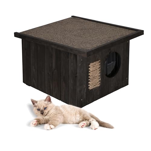 MUNTEL Katzenhaus Outdoor Winterfest, Katzenhaus Isoliert, Clawsable, Holz Outdoor, Katzenhütte 49,5 x 58 x 36 cm (Schwarz)