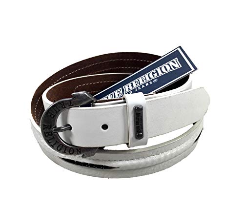 True Religion Womens Jeans Leather Belt White Chain Hardware Logo Horseshoe Buckle (22)