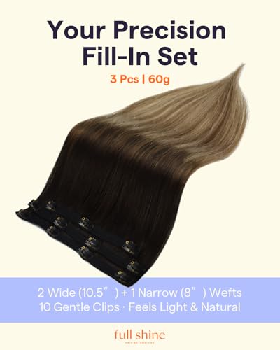 Image of Full Shine Real Human Hair Clip in Extensions, 3 Pcs 60g 16 Inch | Black Balayage Medium Brown Highlights Caramel Blonde, Clip in Hair Extensions Human Hair, Lightweight