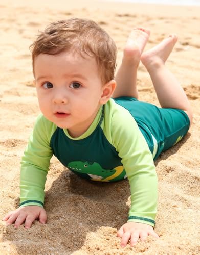 6-12 Months Baby Boy Swimwear Zipper Bathing Suit Dinosaur Prints Swimsuit One Piece Rash Guard with Sun Hat Cute Beachwear - Thumbnail 3