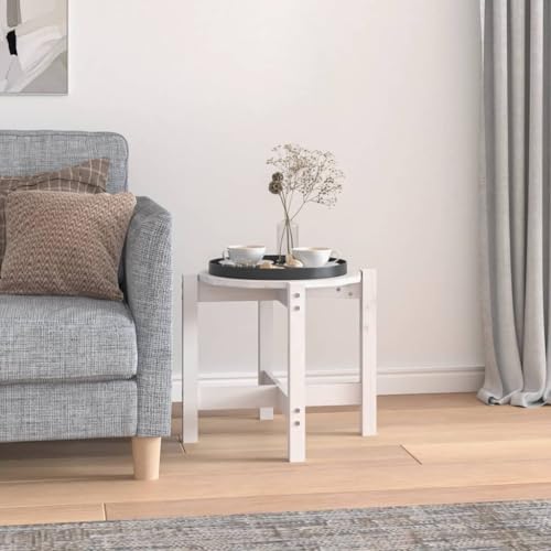 HaoChrymec Mesa de Centro, Madera Maciza de Pino, Diseño Redondo con Superficie Lisa, Estable y Decorativa, Mesa Auxiliar Sofá, Mesita Comedor, para Salón o Sala de Estar, Color Blanco, Ø52.5x45 cm