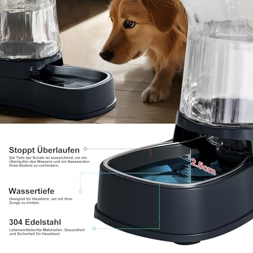 Gardner Pet Futterautomat Katze, 3.85L Wasserspender Hund mit Edelstahlschüssel, Ohne Strom, BPA Frei, Gravitation Wasserspender Katzen, für Mittlere/groß Haustiere (Grau)