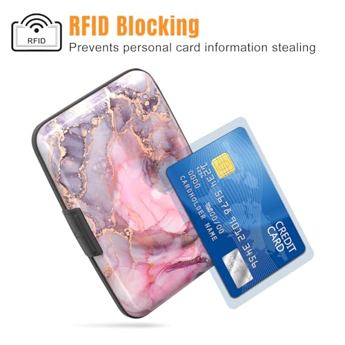 Image of Rimilak Aluminuml Credit Card Holder, Mini Credit Card Wallet RFID Blocking Slim Metal Hard Case for Women Men, Pink Flow Mable