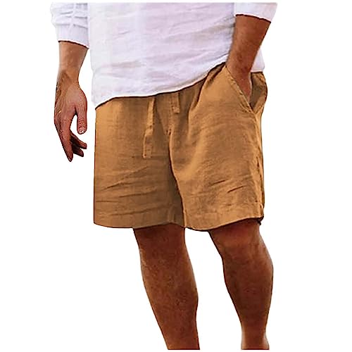 riou Pantalones Cortos Hombre Verano Casual Algodón y Lino Cómodo Bermudas Shorts Suave Ligero Deporte con Cordon Pantalones Chinos Cortos Cintura Elástica Short con Bolsillo