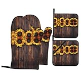 Performance du produit : tournesol sur planches de bois Les gants de four et les ensembles de maniques Les gants d'isolation thermique sont fabriqués en polyester, qui sont fins dans la finition, épais et durables et peuvent empêcher les brûlures et l'isolation thermique. La couche intérieure et la couche extérieure sont plus faciles à nettoyer.