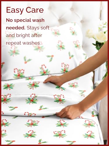 King Candy Cane Mistletoe Sheet Set - Holiday Xmas Pattern Bedding Set - Deep Pockets - Snug Fit - 4PC - Wrinkle Free & Easy Fit - Cozy Festive Winter - Holiday Sheets for Women, Men, Kids & Teens