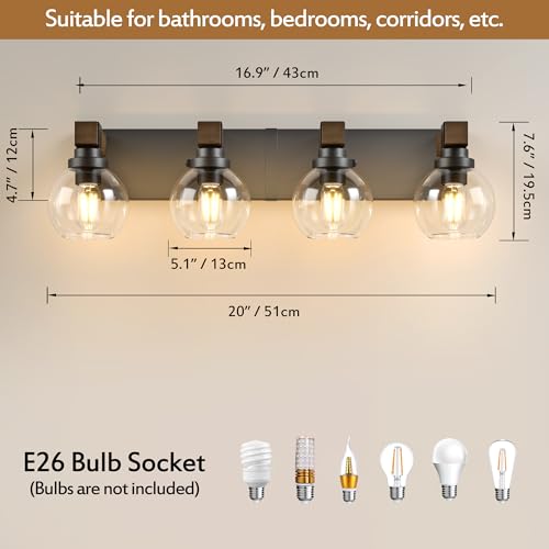 Image of LmnLvn Bathroom Light Fixtures, Farmhouse Wood & Metal with Globe Glass