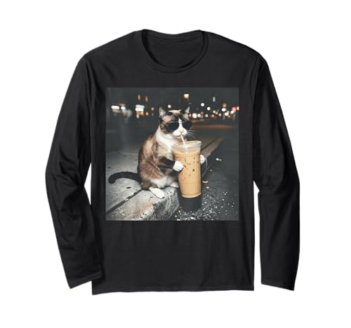 Cat Drinking Iced Coffee Funny Meme Men Women Humorous Long Sleeve T-Shirt