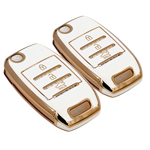 Image of KMH TPU Gold Car Smart Key Cover Compatible for Kia Seltos and Sonet 3 Push Button Smart Flip Key Shell Case Holder, Full Key Protection (White Gold) Pack of 2