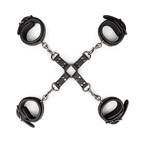 Hogtie avec menottes mains et chevilles en similicuir noir robuste et finitions métal