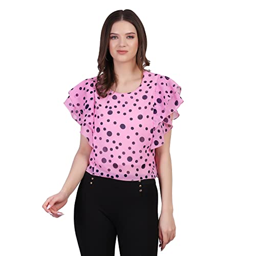 Image of Women's Pink dot Printed Ruffle Sleeve Top, Western Style, Round-Neck