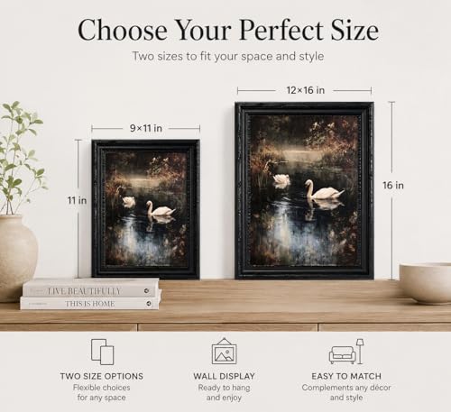 Moody Vintage Swan Lake Framed Wall Art, Dark Academia Cottagecore Painting with Retro Carved Black Frame, Rustic Landscape Decor for Bedroom Living Room Home Office-9x11in by OYO TOY - Used condition - Image 4