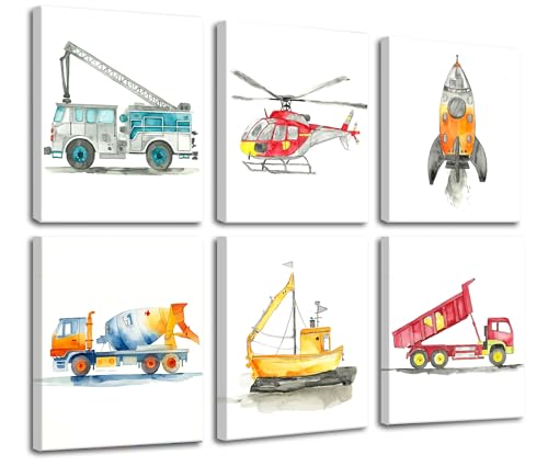 Image of Frimeeme Framed Car Canvas Wall Art for Kids, 8x10 Inches, Set of 6 | Watercolor Vehicles Theme with Fire Truck, Helicopter, Rocket, Cement Mixer, Boat, Dump Truck,Ready to Hang