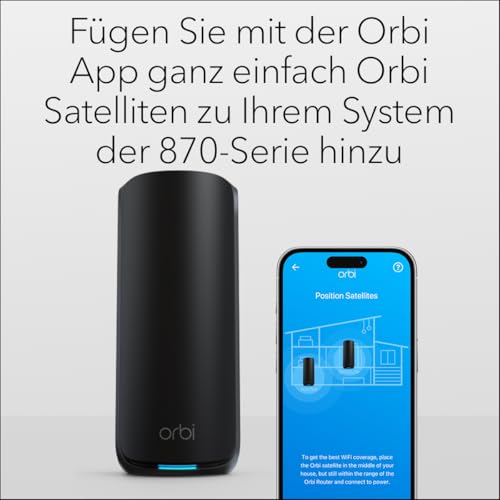 NETGEAR Orbi 870-Serie (RBE870B) Tri-Band WiFi 7-Mesh-Zusatzsatellit - kompatibel mit Orbi RBE873B, bietet zus&auml;tzliche Abdeckung von bis zu 200 m&sup2;, BE21000 802.11be (bis zu 21 GBit/s), schwarz