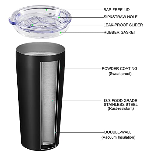 Image of VEGOND 20oz Tumbler Bulk with Lid and Straw 1 Pack, Stainless Steel Vacuum Insulated Tumbler, Double Wall Coffee Cup Travel Mug, Black