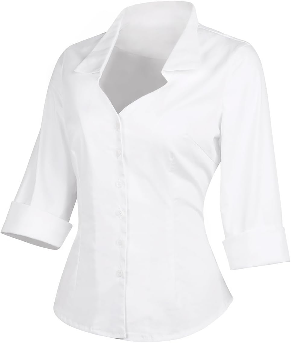 YARN & INK Women's Solid Classic-Fit Casual Blouses Button Down 3/4 Sleeve Dress Shirt 1950s Retro Elegant Work Office Tops - Image 3