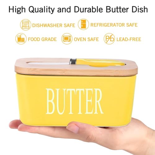 Image of Ceramic Butter Dish with Wooden Lid and Stainless Steel Knife, Large Butter Container Keeper with Bamboo Cover and Silicone Sealing Ring for West and East Coast Butter (Yellow)