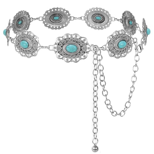 XZQTIVE Women Boho Chain Belts For Dresses Jeans Western Cowgirl Waist Links Belt Adjustable Metal Concho Belt