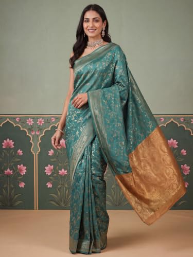 Image of AKHILAM Women's Multicolor Litchi Silk Ethnic Motif Print Saree With Unstitched Blouse Piece|sarees for women | litchi silk sarees