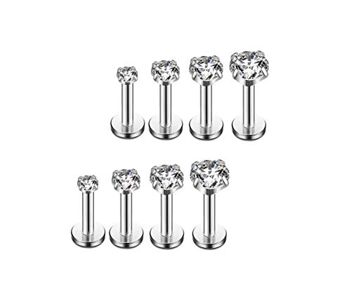 YHMM 4 Pairs 16G Surgical Steel 2/3/4/5mm CZ Lip Rings/Tragus/Helix Earring,6mm Bar Length Straight Barbells Body Piercing Jewelry. (A:4 Pairs Forward Silver Tone)