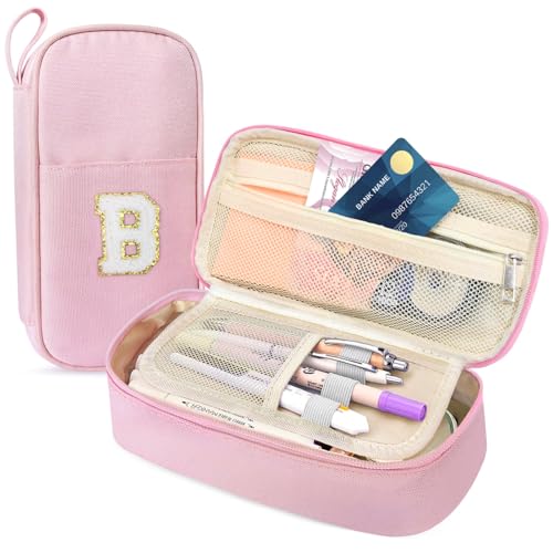 Idefair Cute Pencil Case, Preppy Pencil Pouch Aesthetic Pen Case with Finger Loop, Large Capacity Pencil Bag with Double Zipper School Supplies for Girls (Pink, Letter B)