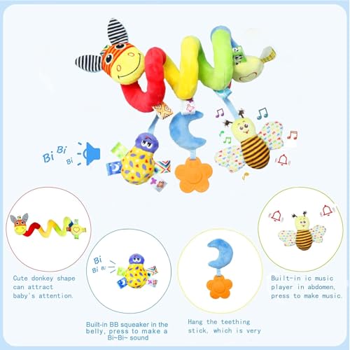Image of Hanging Rattle Baby Toys for Car Seat Crib Mobile 0 3 6 9 12 18 Months, Infant Baby Spiral Plush Toys for Crib Bed Stroller Car Seat (Donkey)